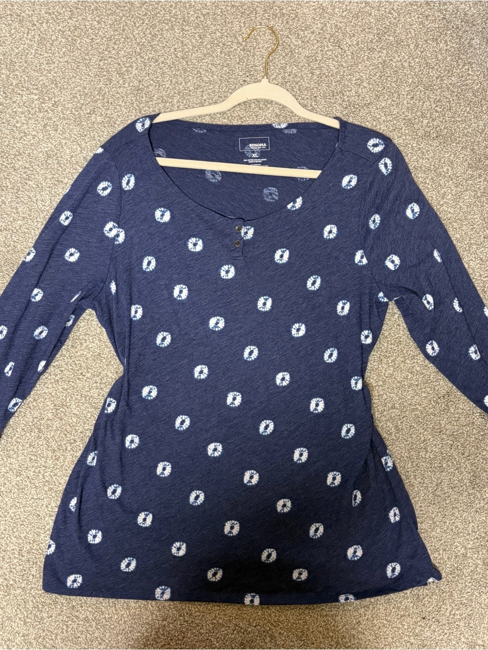Sonoma Navy Blue Long-Sleeve Scoop Neck Top with White Dot Print
